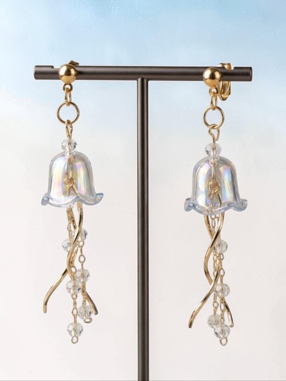 Iridescent Glass Lily of the Valley / Jellyfish Drop Earrings | Gold Tone